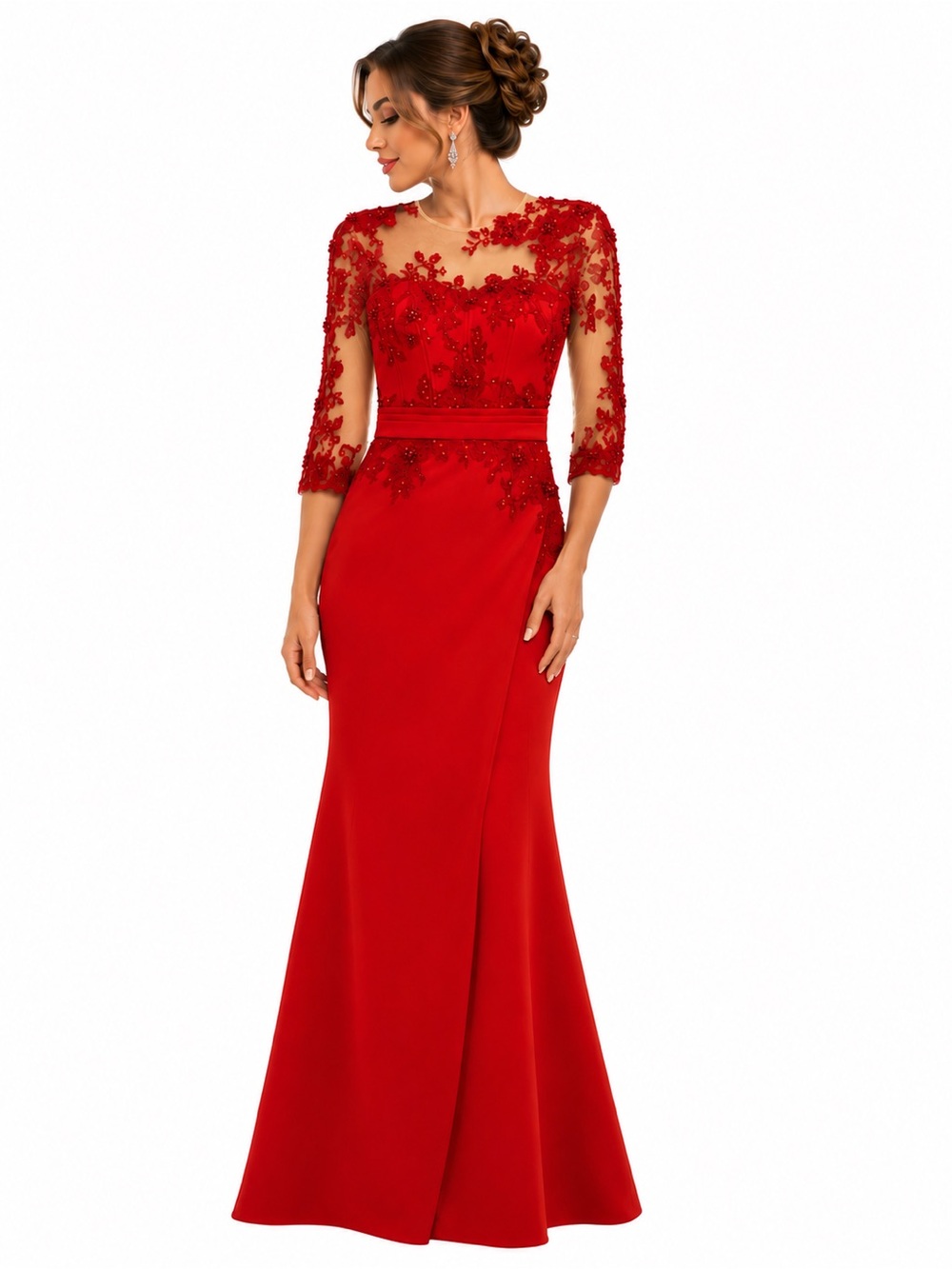 COSRY Red Beaded Sequin Lace Illusion Trumpet Formal Evening Gown Wedding Guest